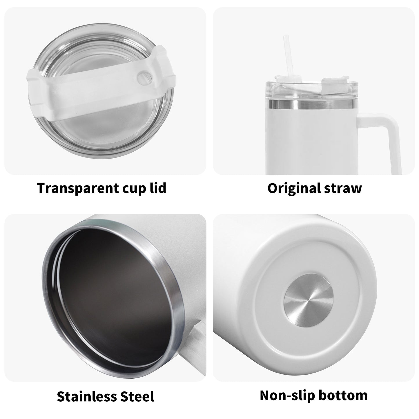 White insulated mug with features labeled: transparent cup lid, original straw, stainless steel, and non-slip bottom.