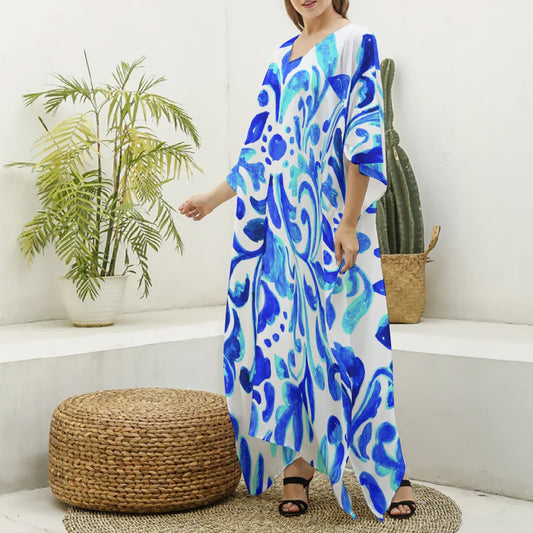 Robe kaftan feminino Ondas imitação de seda com decote em V
