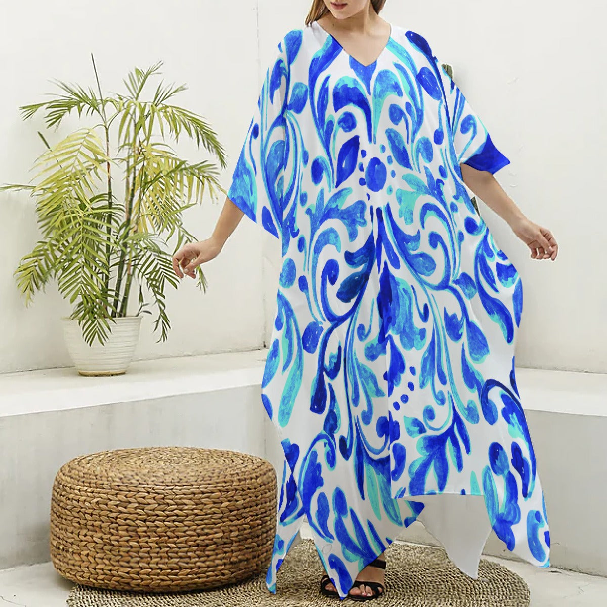 Robe kaftan feminino Ondas imitação de seda com decote em V