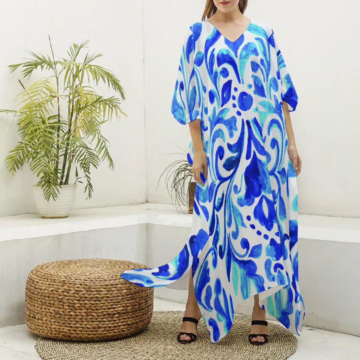 Robe kaftan feminino Ondas imitação de seda com decote em V
