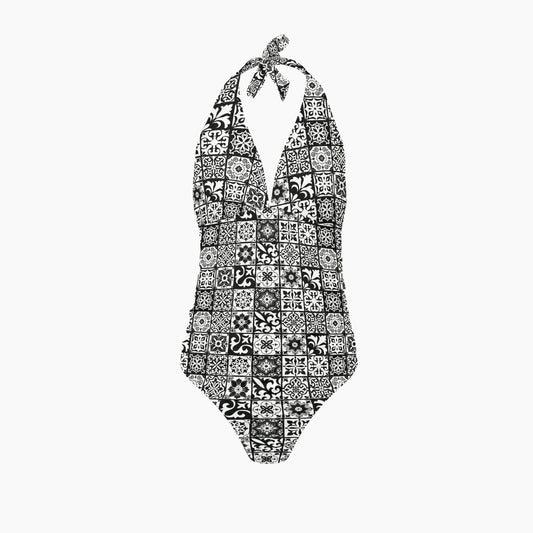 Preto  Women's One-Piece Halter Top Swimsuit
