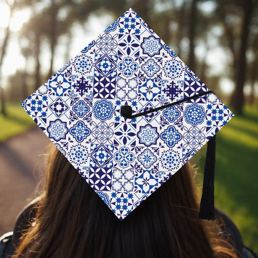 Graduation cap with blue and white pattern worn outdoors