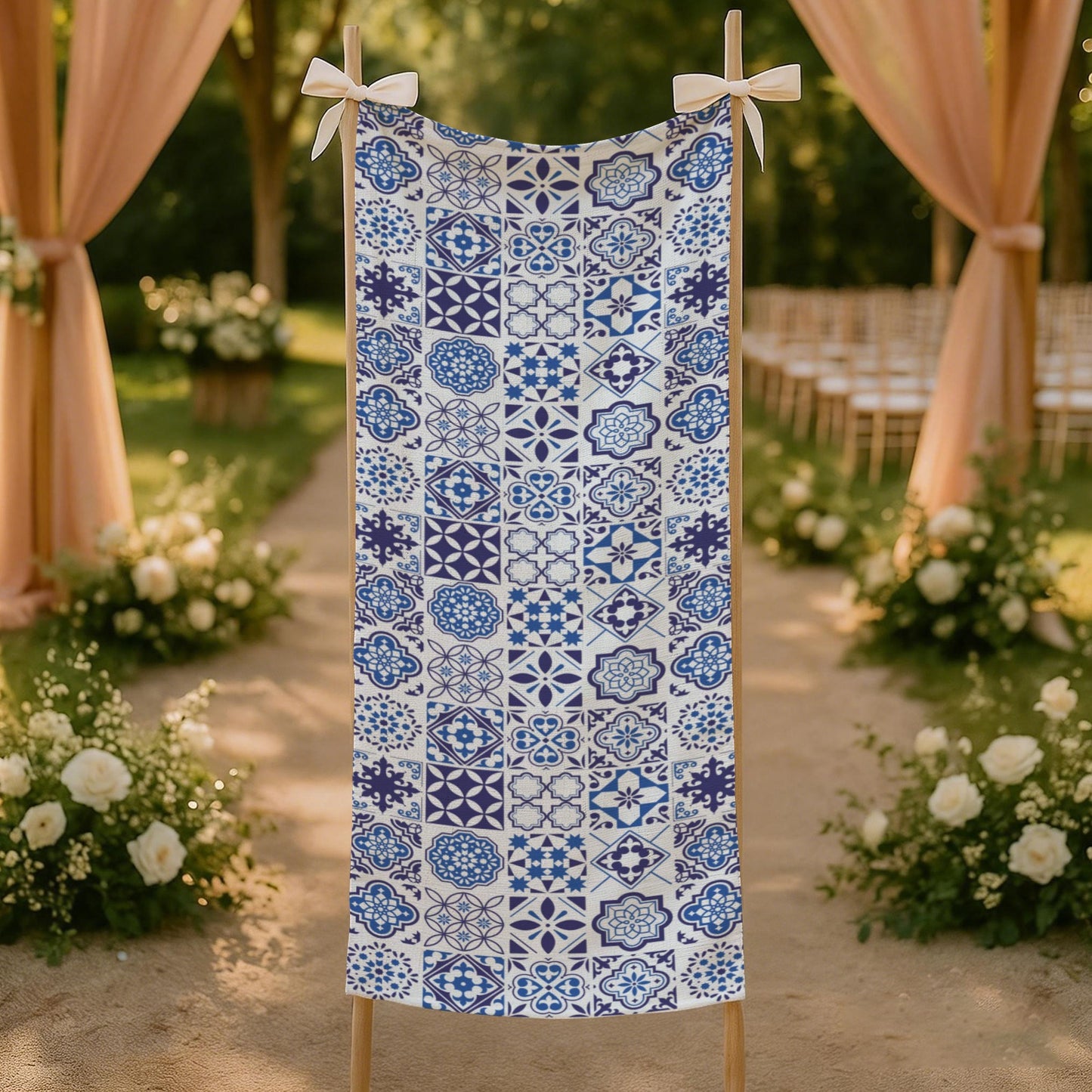 Azul Linen Tapestry featuring Portuguese tile inspired blue azulejo patterns. Perfect for weddings, table runners, wall decor, and elegant event styling.
