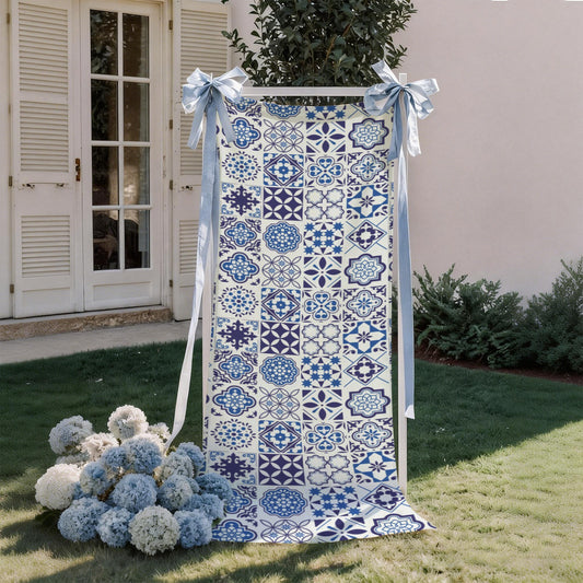 Azul Linen Tapestry (24x75") featuring Portuguese tile inspired blue azulejo patterns. Perfect for weddings, table runners, wall decor, and elegant event styling.