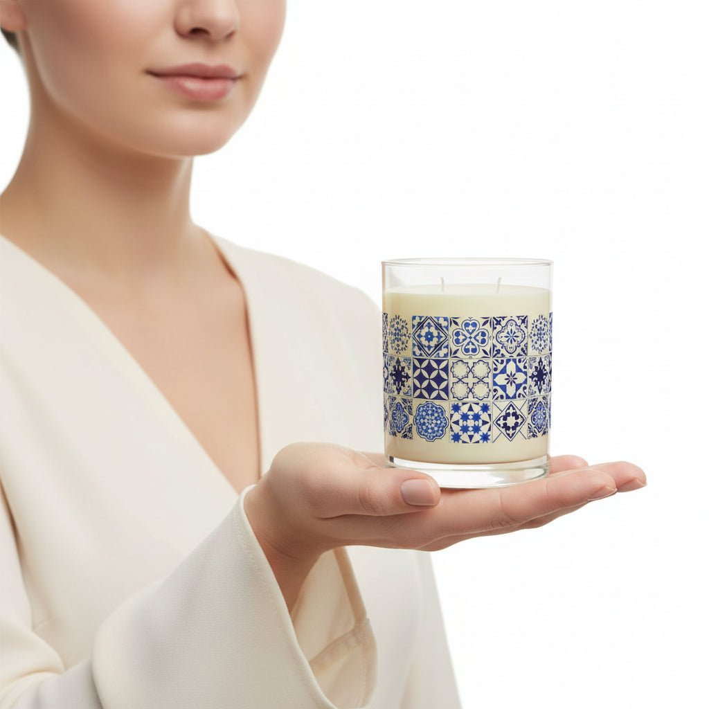 woman holding Candle with blue and white tile patterned