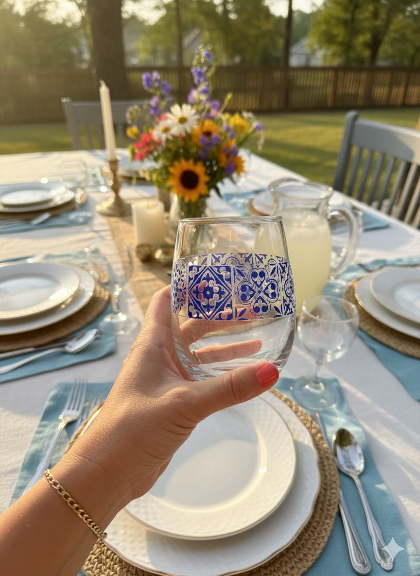 Person holding a glass with a decorative pattern at an outdoor dining table set for a meal.