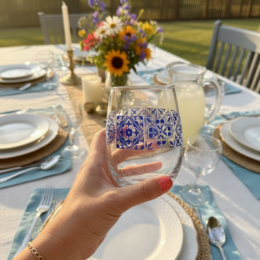 Person holding a glass with a decorative pattern at an outdoor dining table set for a meal.