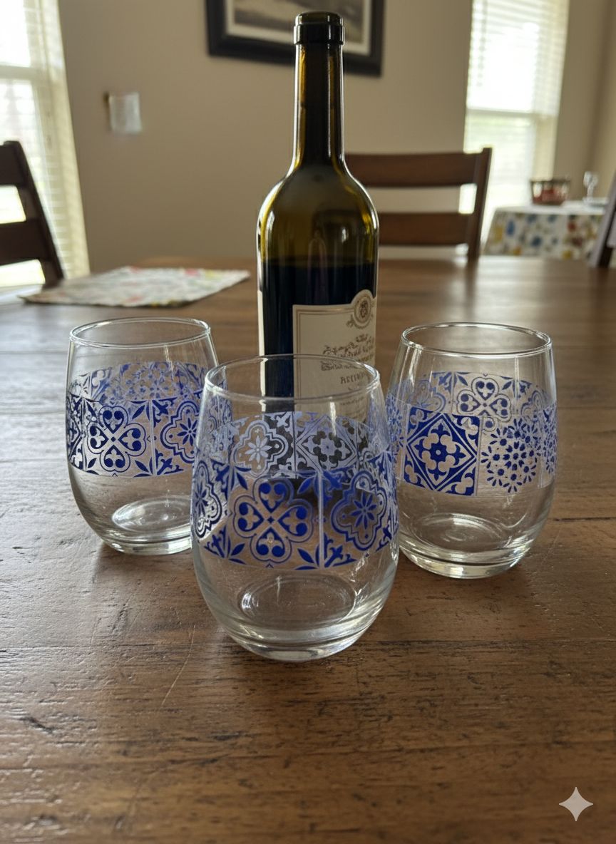Wine bottle with three azulejo decorative glass tumblers on a wooden table.