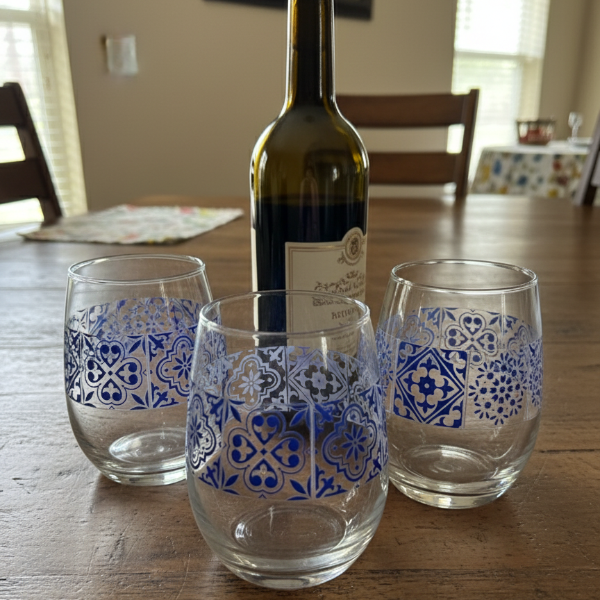 Wine bottle with three azulejo decorative glass tumblers on a wooden table.