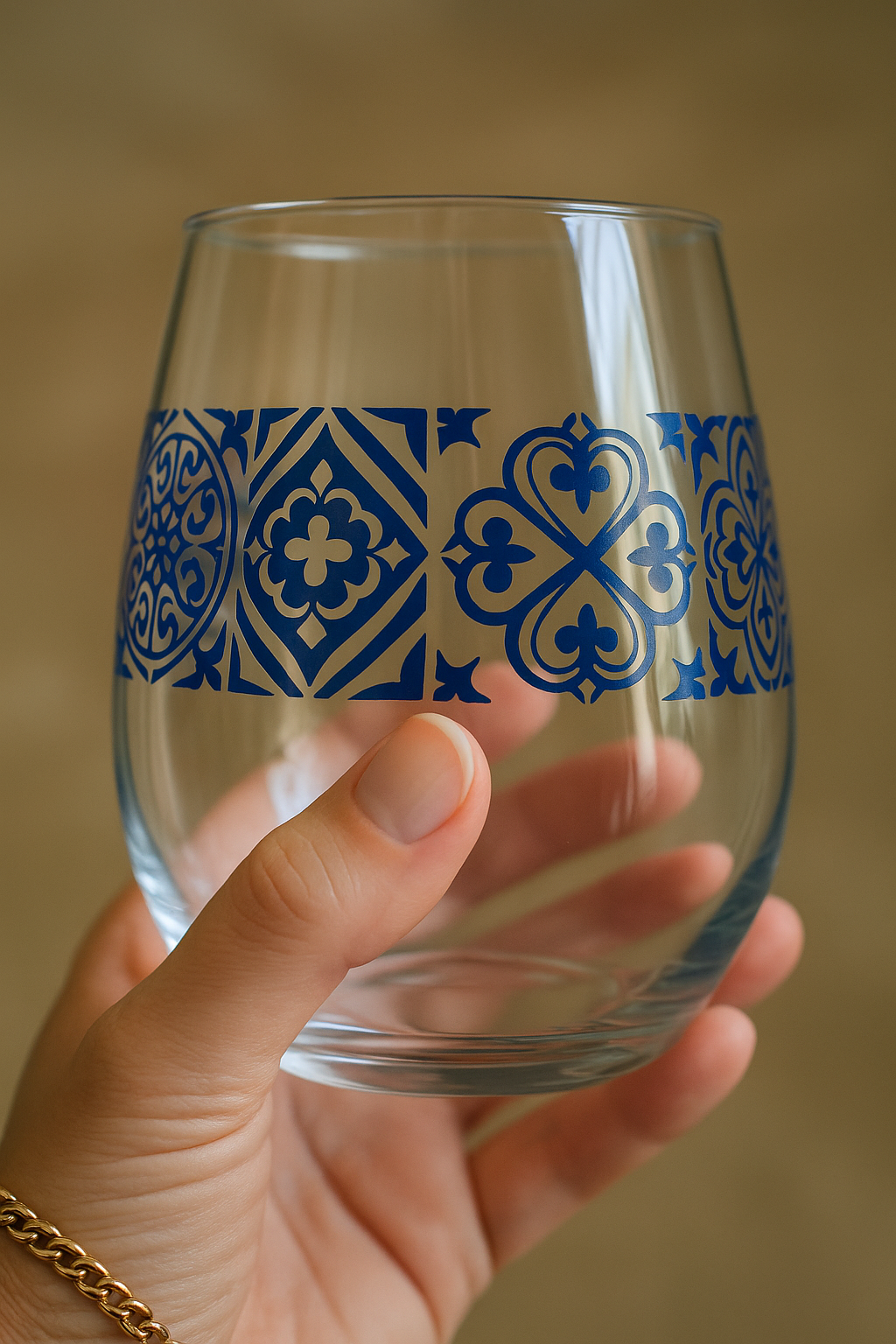 Clear glass with blue decorative pattern held by a hand against a neutral background
