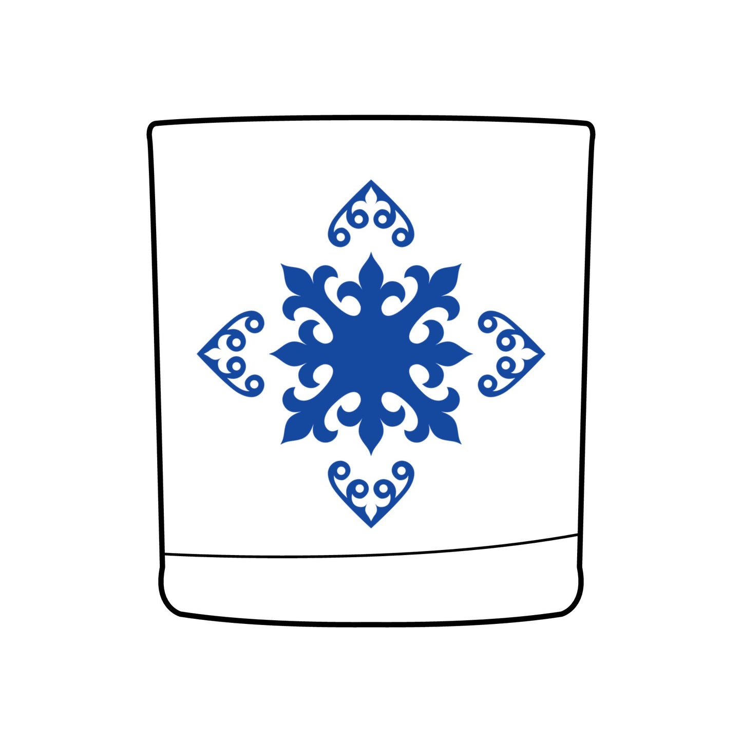 Design of decorative blue snowflake design on a whiskey glass