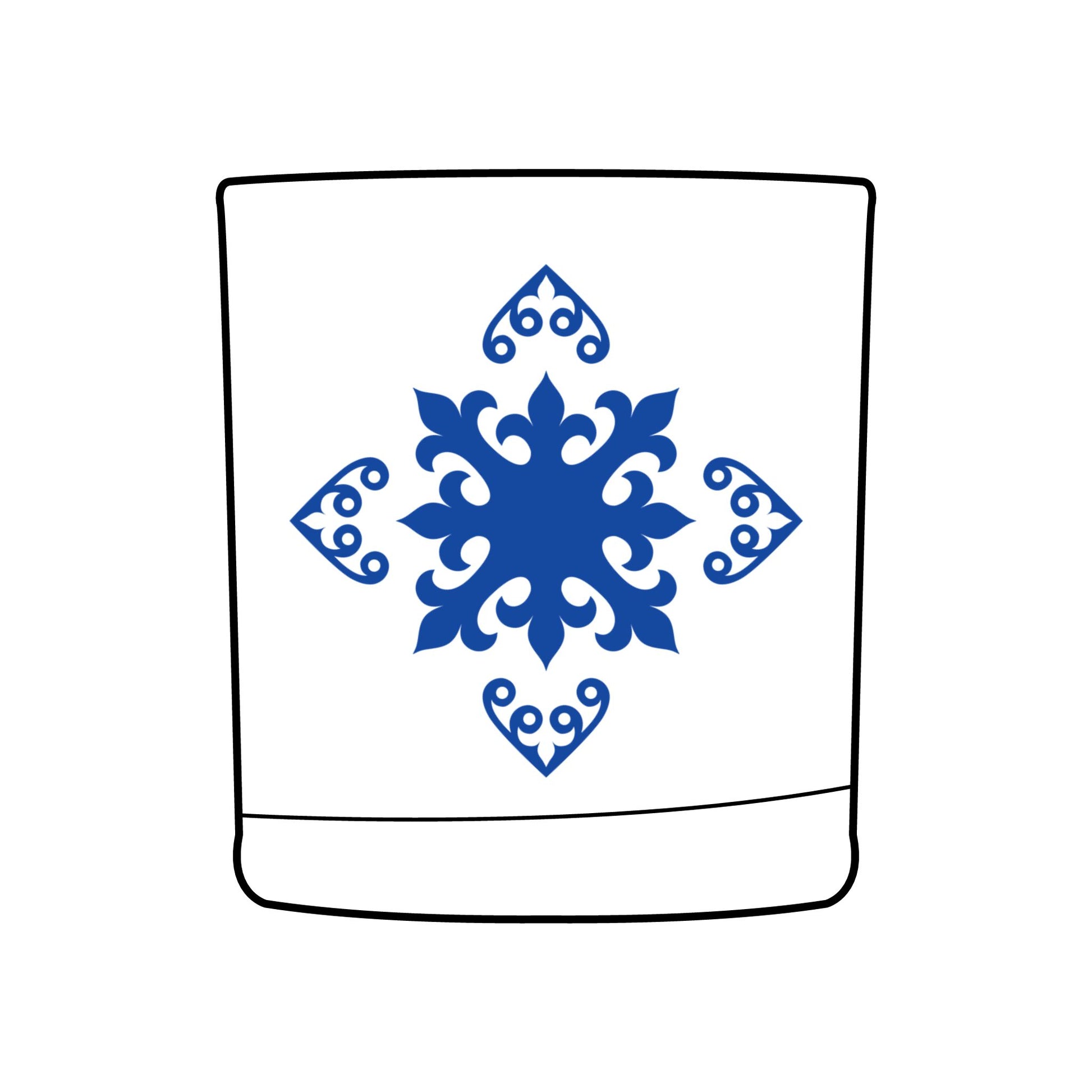 Design of decorative blue snowflake design on a whiskey glass