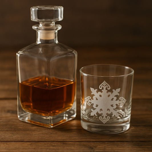 Glass decanter with whiskey and a glass with a snowflake design on a wooden surface
