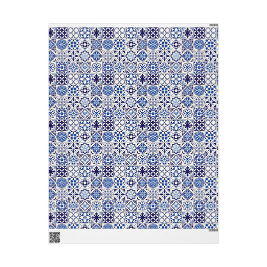Patterned fabric with blue and white geometric design on a white background
