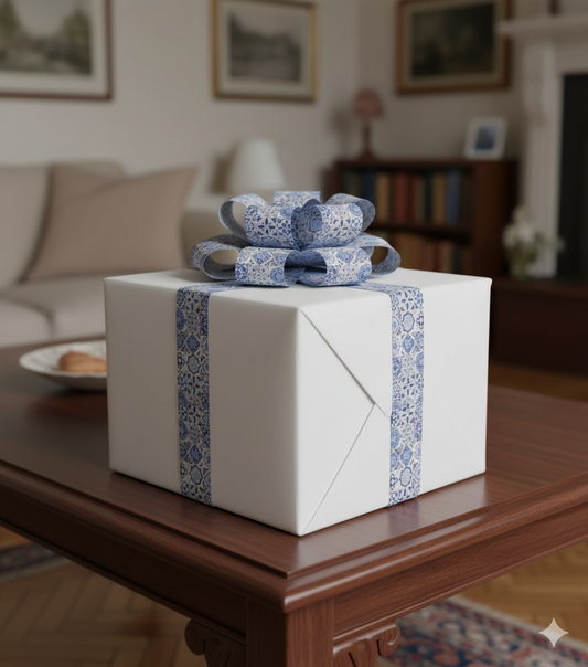 White gift box with blue portuguese azulejo tile decorative ribbon on a wooden table in a living room setting.