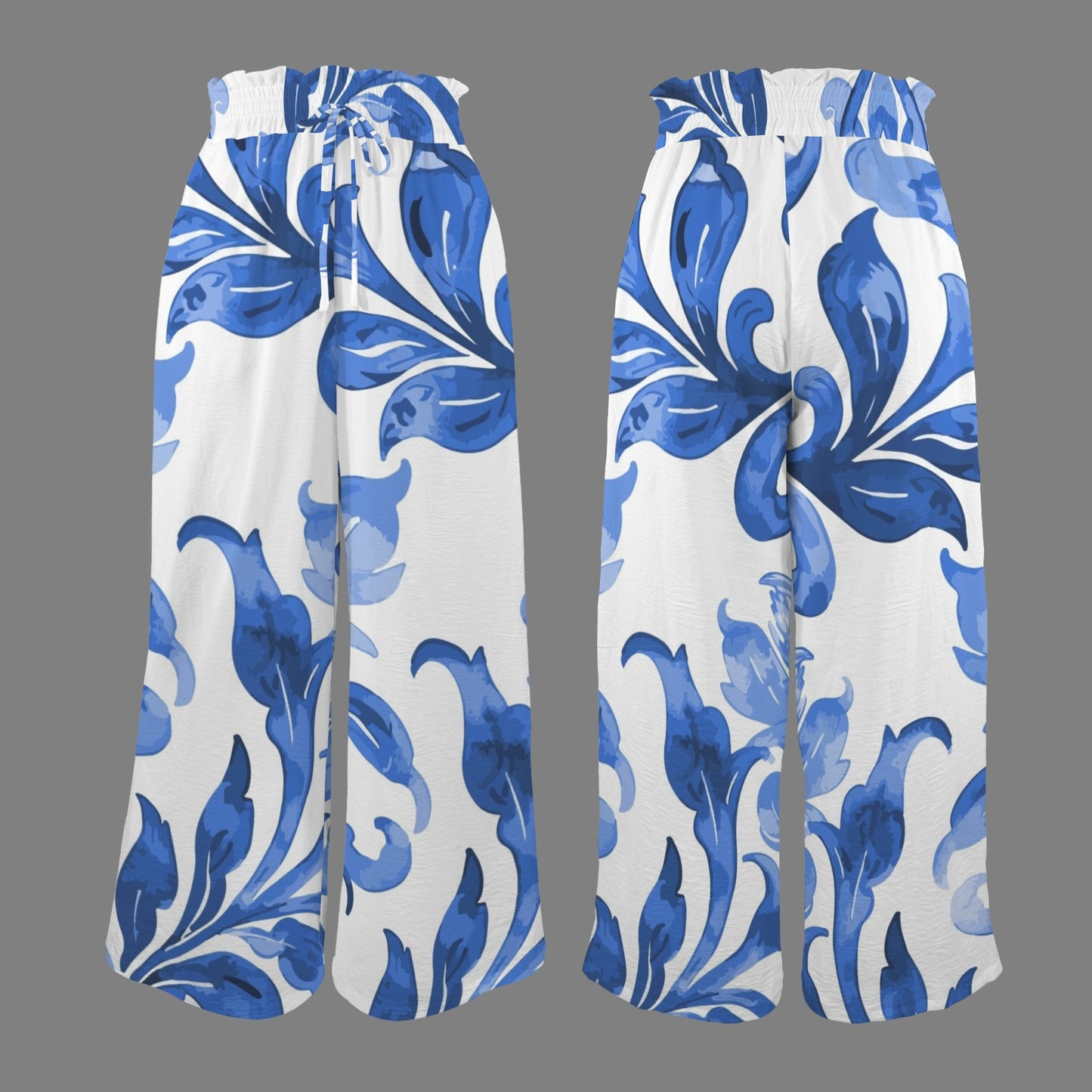 Azulina high-waisted wide-leg pants in blue and white tropical floral print.