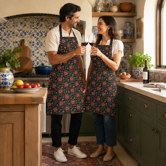 A man and a woman standing in a rustic kitchen, both wearing matching dark aprons with a red, green, and yellow floral heart pattern. They are holding wine glasses and smiling at each other.