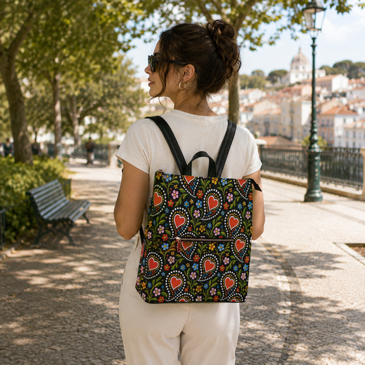 A woman wearing a white t-shirt and white pants is seen from behind, carrying a black backpack with a colorful folk-art style pattern of red hearts, green paisley, and blue flowers on a sunny city walkway.