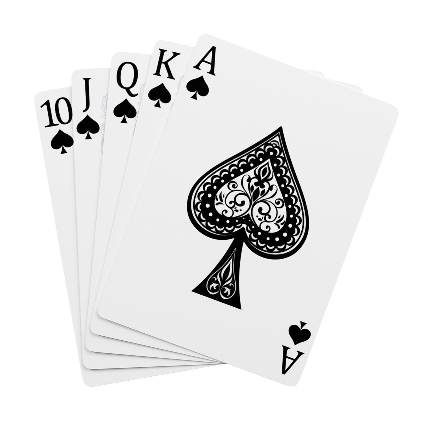 Four playing cards showing 10, Q, K, A of spades on a white background