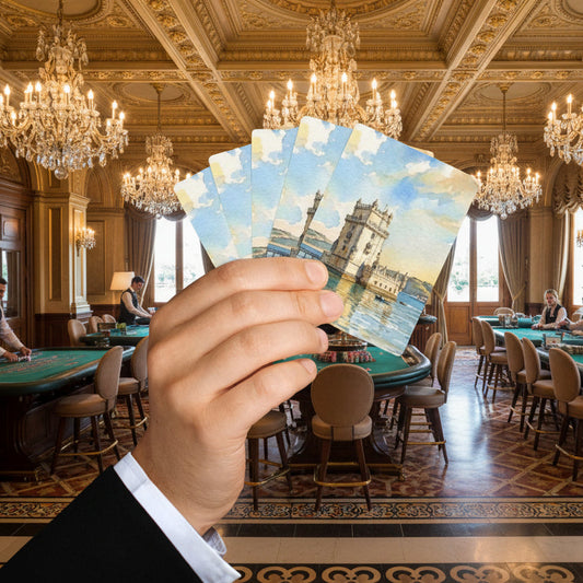 Set of six cards with a scenic design of Belem tower in Lisbon in a watercolor style