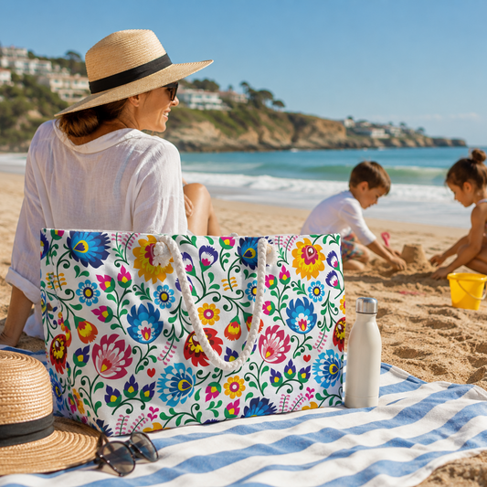 A colorful floral tote bag with white rope handles sits on a blue-and-white striped beach towel on a sandy beach. A woman in a white shirt and straw hat sits nearby, with children playing in the sand and the ocean in the background.
