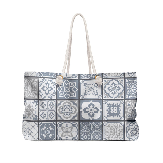 grey and white azulejo weekender beach bag