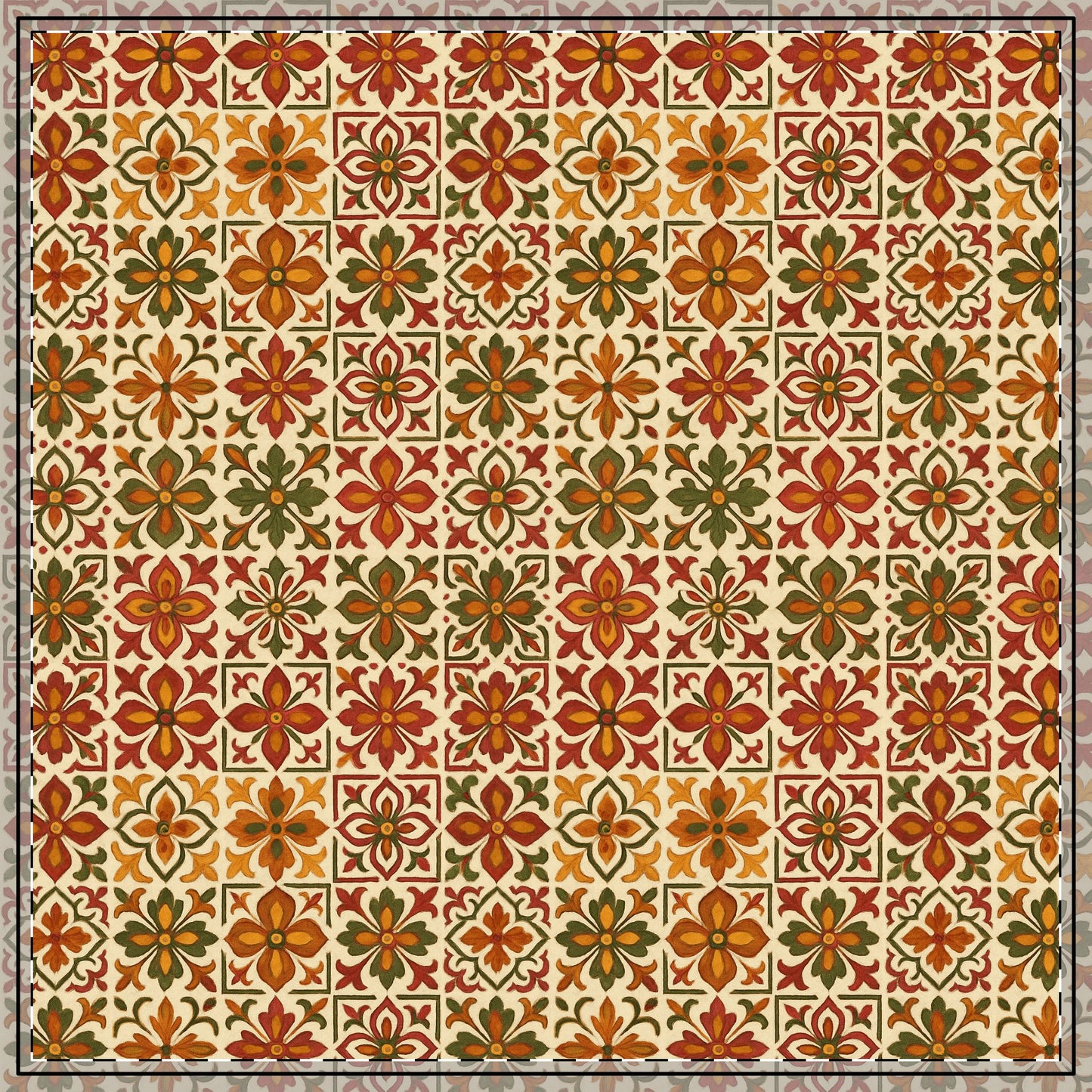 Patterned rug with floral design in orange, green, and brown on a beige background