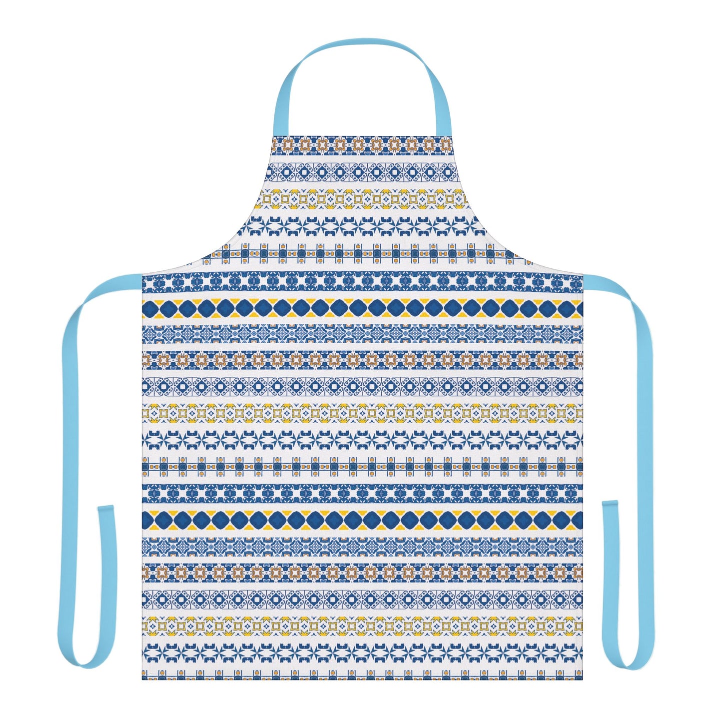 Patterned apron with blue straps on a white background