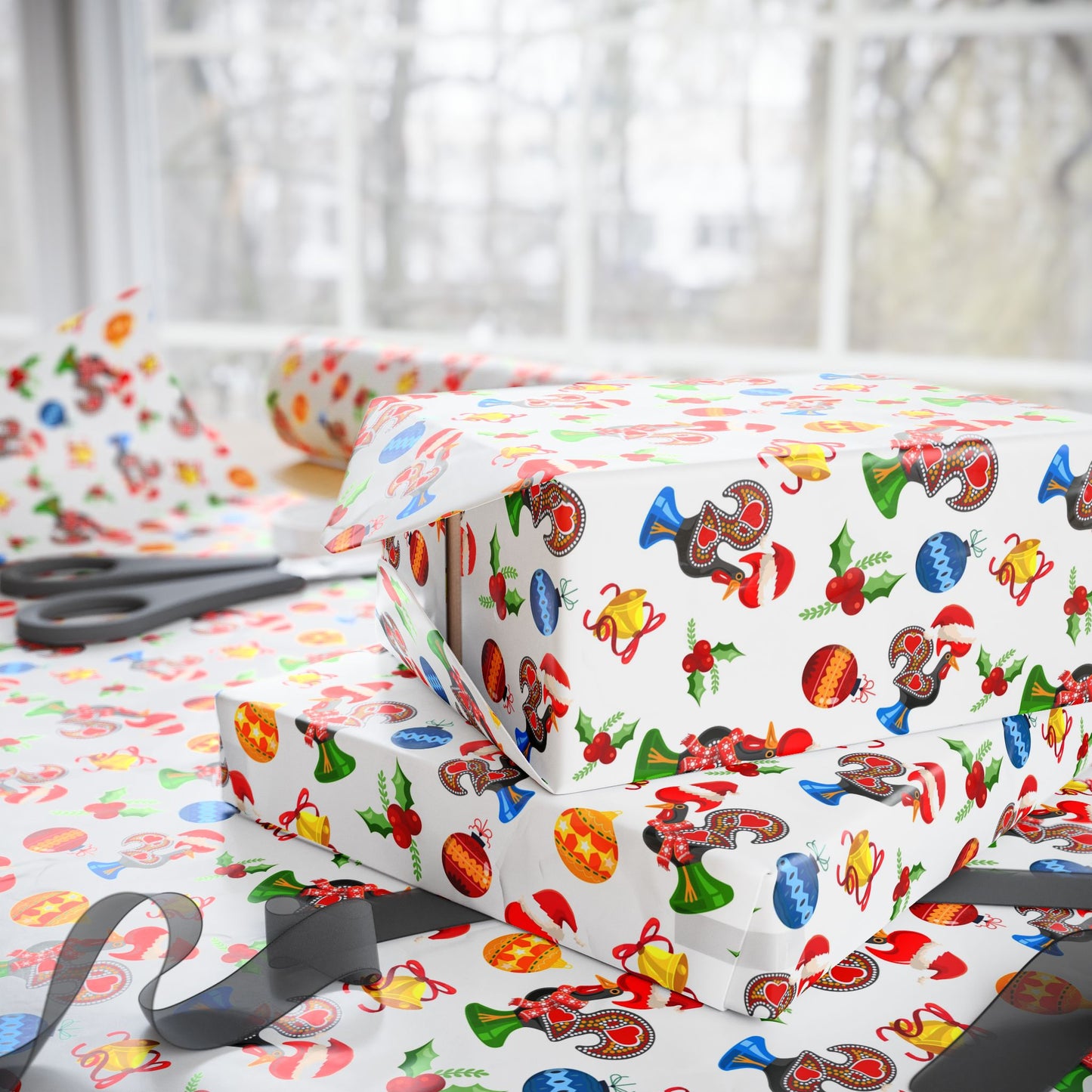 Stack of wrapped presents with festive portuguese rooster pattern on a table with scissors