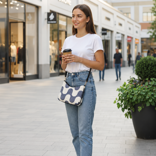 Woman holding a coffee cup and a patterned bag in an outdoor shopping area.