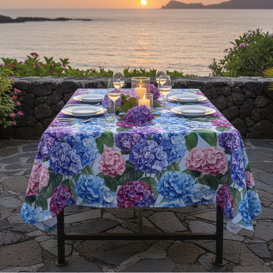 Dining table set with a floral tablecloth by the sea at sunset