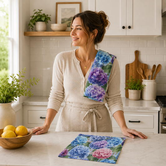 Woman in a kitchen with floral towels on a table