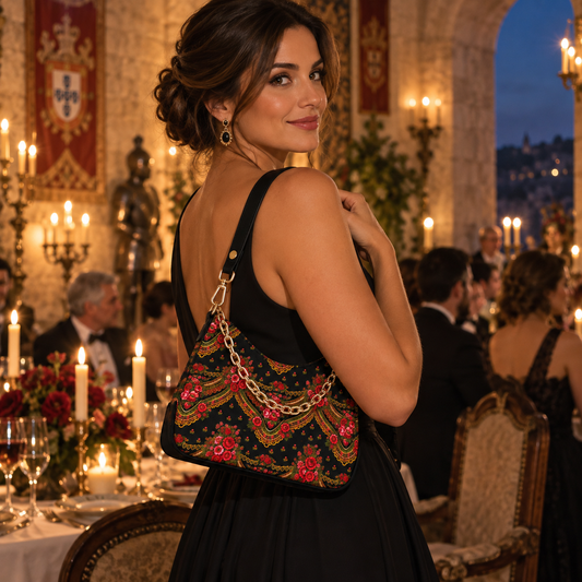 A woman at a candlelit evening reception carries a black embroidered shoulder bag with red, green, and gold floral detailing and a gold chain strap.