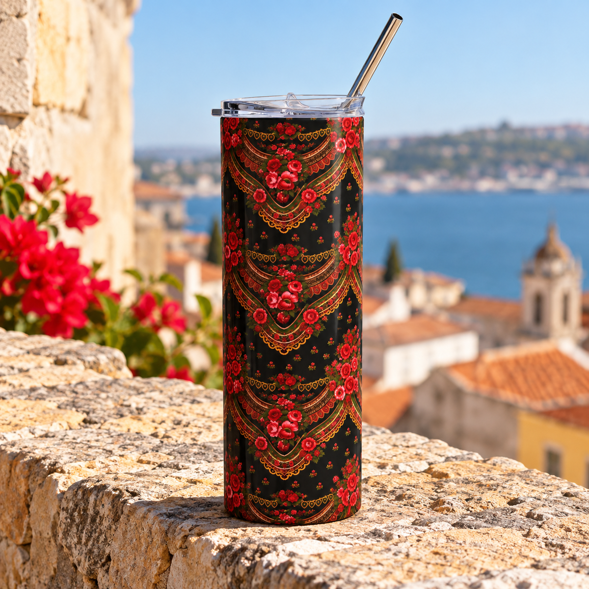 A tall insulated tumbler with a clear lid and metal straw, featuring a black background with a red and gold ornate floral pattern, set on a stone ledge with a coastal town and sea in the background.