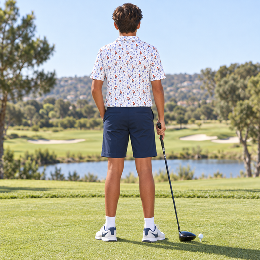 A man standing on a golf course from behind, wearing a white short-sleeve button-up shirt with a colorful geometric pattern, navy blue golf shorts, white socks, and white Nike golf shoes, holding a driver.
