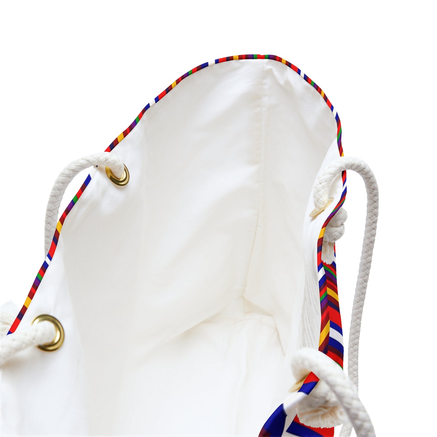 White drawstring bag with colorful strings on a white background