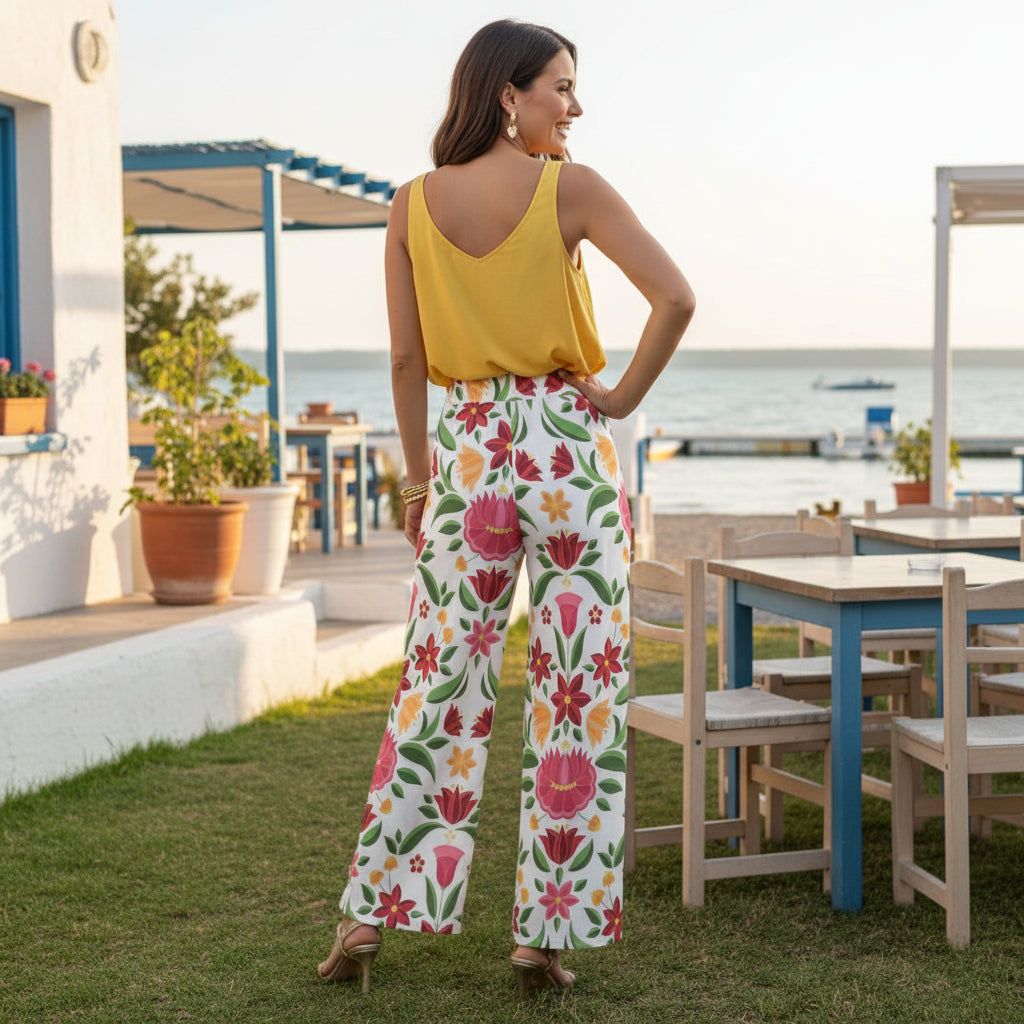 Palazzo pants featuring a vibrant Hungarian-inspired floral pattern in red, orange, and pink hues with green leaves, set against an outdoor garden backdrop.