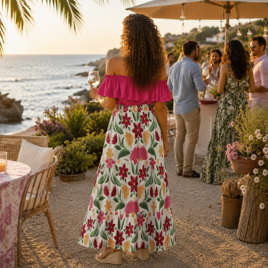A woman stands with her back to the camera at an outdoor seaside event, wearing a bright pink off-the-shoulder ruffle top and a long white maxi skirt with a colorful floral print. Guests and a beach are visible in the background.