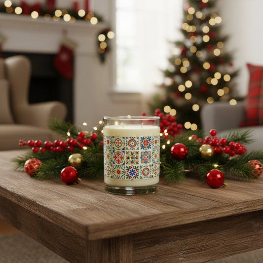 Candle with colorful portuguese tile patterned label on a white background