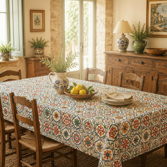 A rectangular dining table covered with a colorful patterned tablecloth, surrounded by wooden chairs in a rustic, sunlit room with stone walls, a sideboard, and decorative plants.