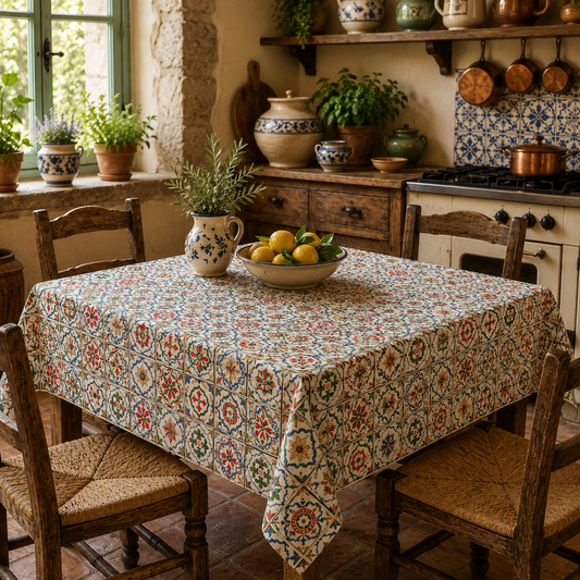 A rectangular table covered with a colorful Mediterranean-style patterned tablecloth, surrounded by rustic wooden chairs in a cozy kitchen setting. A ceramic pitcher and a bowl of lemons sit on the table.