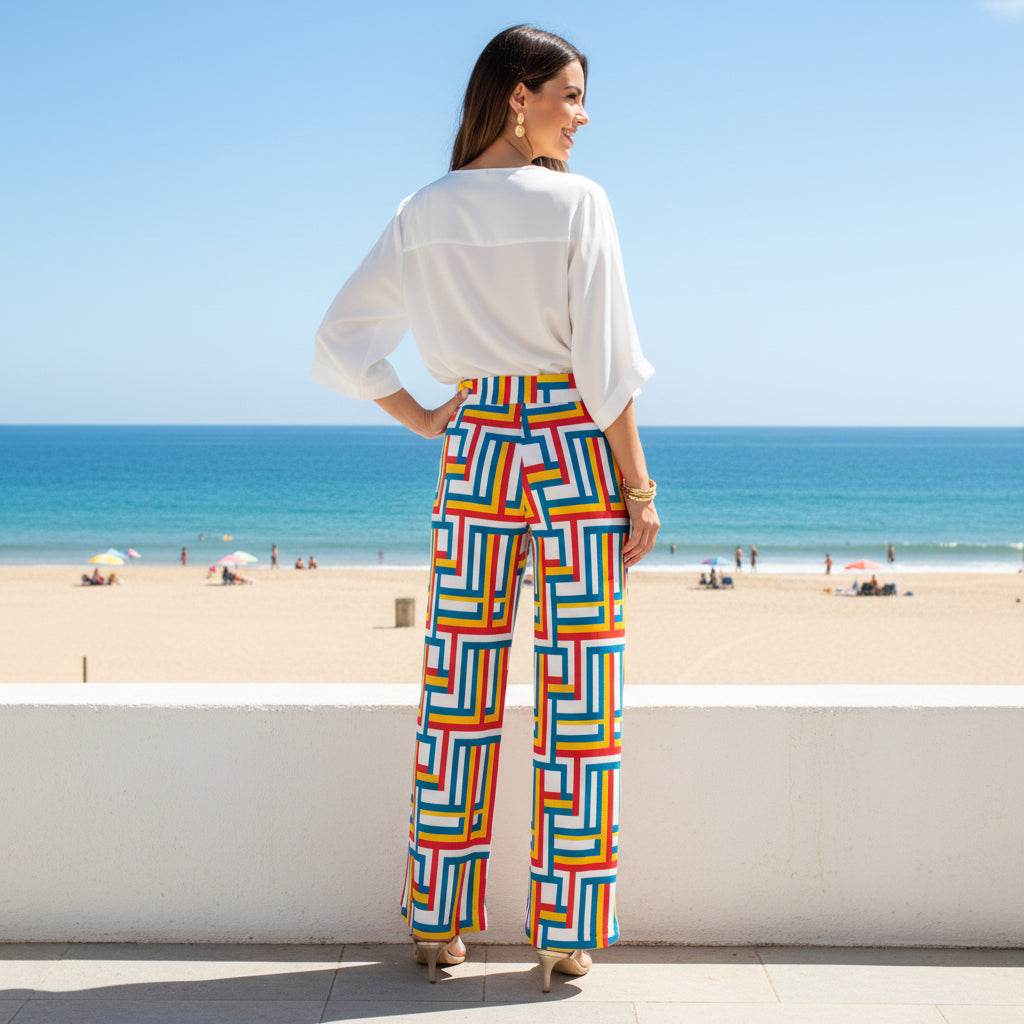 Colorful Wide-Leg Pants featuring a bold geometric maze pattern in red, blue, yellow, and white. High-waisted, comfortable palazzo style with a drawstring waist and pockets. Ideal for summer fashion, casual wear, resort wear, or retro/mod style looks. Bohemian, comfortable, vibrant trousers.