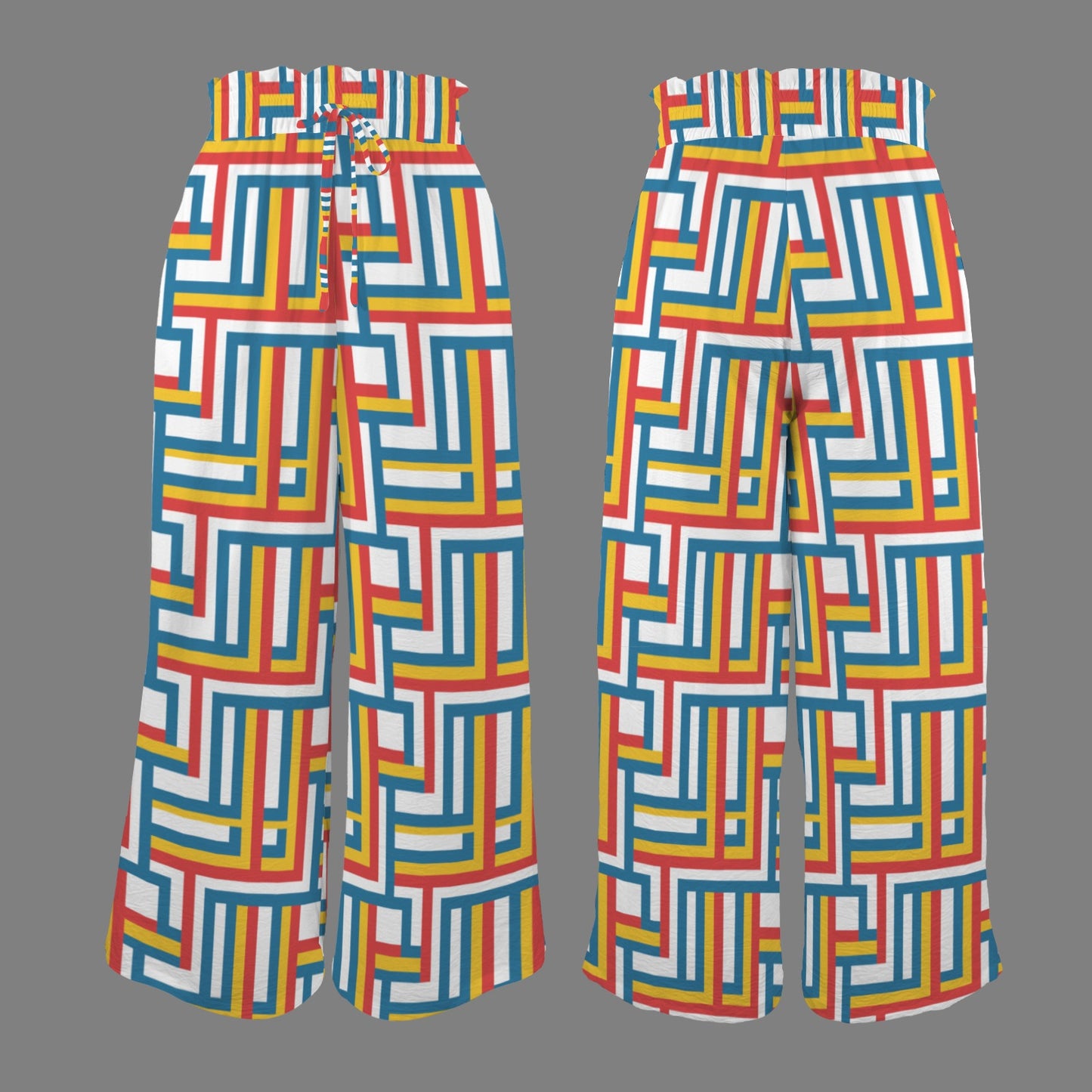 Colorful Wide-Leg Pants featuring a bold geometric maze pattern in red, blue, yellow, and white. High-waisted, comfortable palazzo style with a drawstring waist and pockets. Ideal for summer fashion, casual wear, resort wear, or retro/mod style looks. Bohemian, comfortable, vibrant trousers.