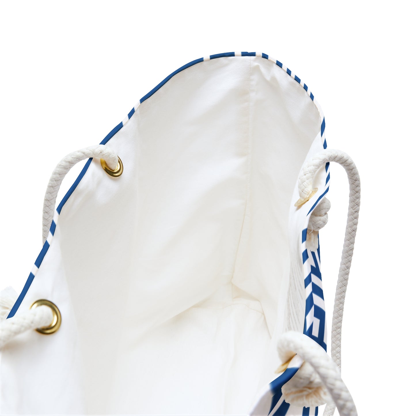 White drawstring bag with blue accents and gold metal loops on a white background