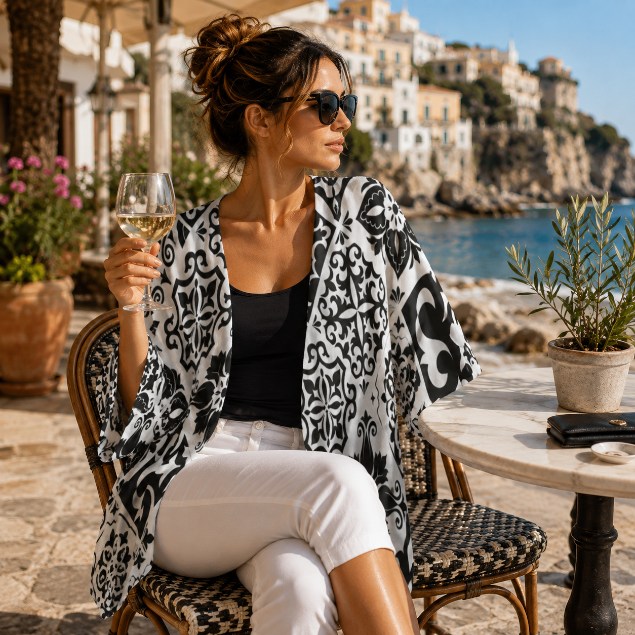 A woman sits at an outdoor cafe table by the sea, wearing a black and white patterned open-front kimono cardigan over a black top and white pants, holding a glass of white wine.