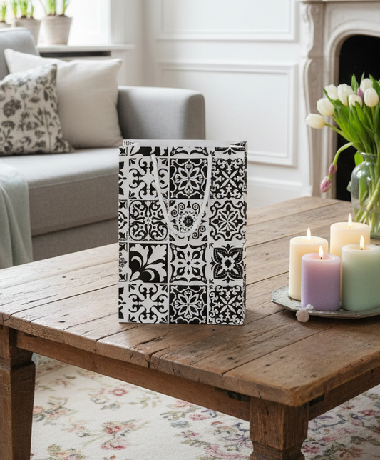 gift bag with black and white tile pattern in a Living room with a wooden coffee table, candles, and a vase of flowers.
