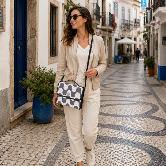 A woman walking down a cobblestone street wearing a beige cardigan, white top and pants, white sneakers, and carrying a navy and white patterned shoulder bag.
