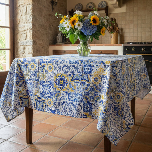 Patterned fabric with blue, yellow, and white geometric design