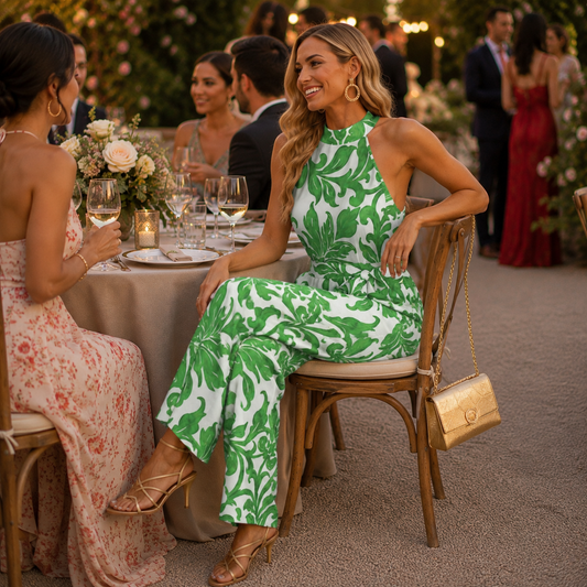 A woman seated at an outdoor evening table wears a sleeveless green-and-white botanical print jumpsuit with a halter neckline and wide legs. She is holding a small gold handbag, with other guests and warm string lights blurred in the background.
