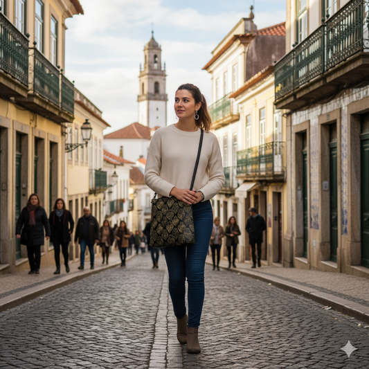 Woman walking down a cobblestone street in a European town with a clock tower in the background.
